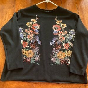 Zara Floral Embroidered Black Long Sleeve Top NWOT size S